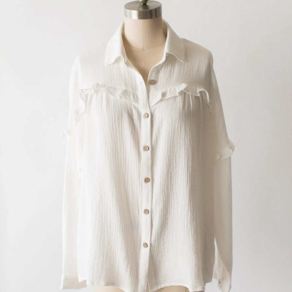 Women's White Button Down Shirt with Ruffle Detail - Picture 2 of 12